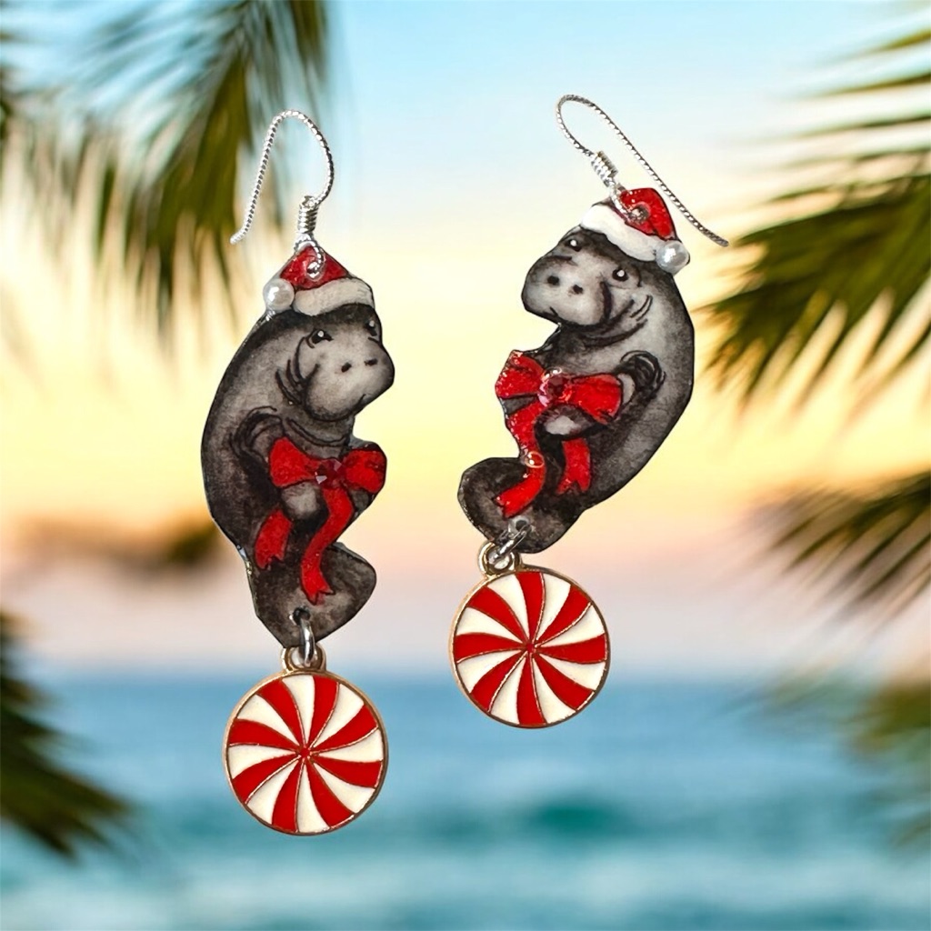 Magnificent Manatee Earrings Handmade Christmas Holiday Florida Ooak